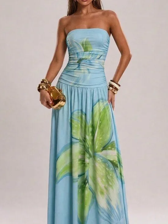 Blue Elegant Women's Strapless Floral Beach Maxi Dress - Picture 6 of 6